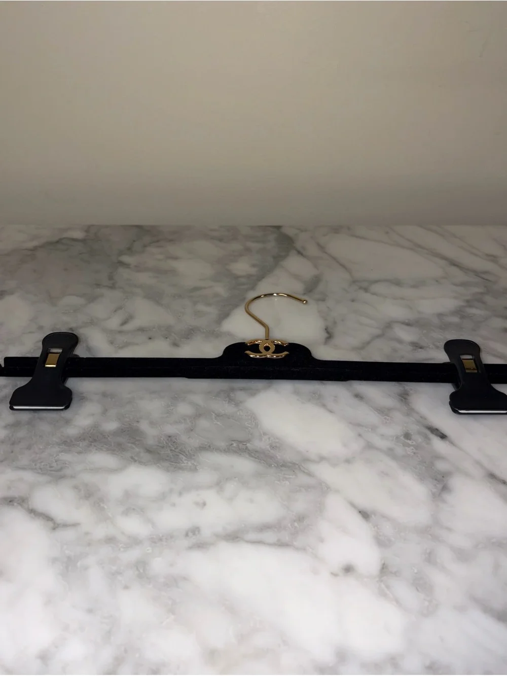 Authentic CHANEL Black Velvet Skirt Pants Hanger Gold CC Logo